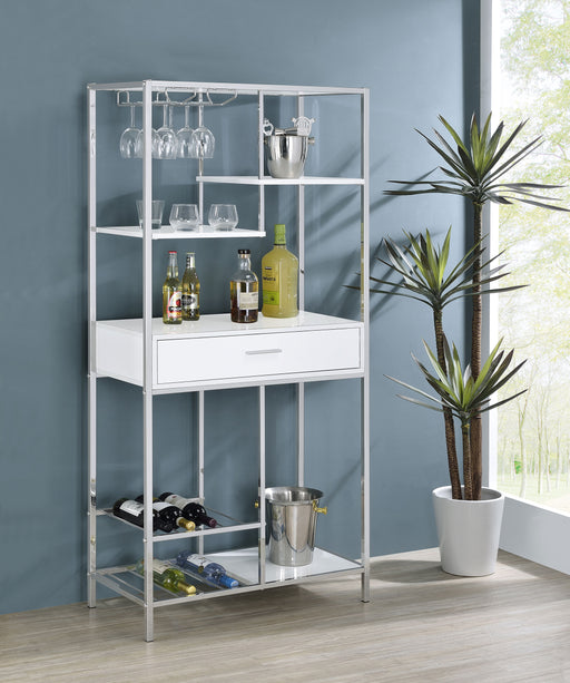 Figueroa 5-shelf Wine Cabinet with Storage Drawer White High Gloss and Chrome - Theo's Factory Direct Mattress & Furniture (Columbus, OH)