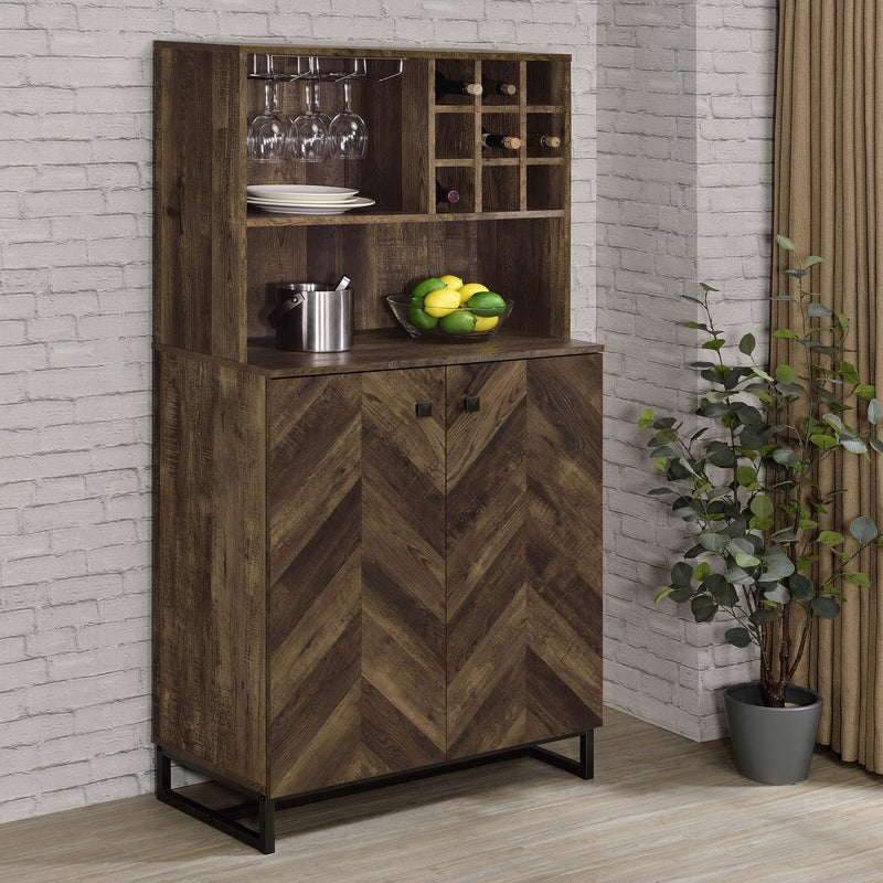 Mendoza 2-door Wine Cabinet Rustic Oak Herringbone and Gunmetal - Theo's Factory Direct Mattress & Furniture (Columbus, OH)