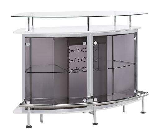 Gideon Crescent Shaped Glass Top Bar Unit with Drawer - Theo's Factory Direct Mattress & Furniture (Columbus, OH)
