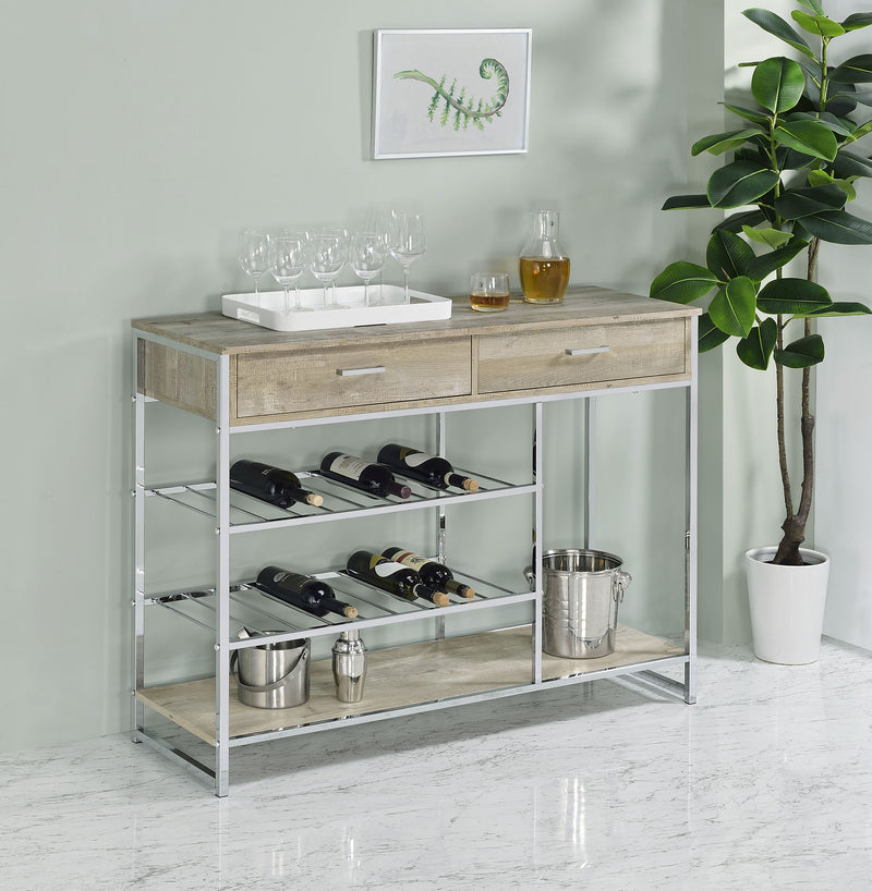 Melrose 2-shelf Wine Cabinet with 2 Drawers Gray Washed Oak and Chrome - Theo's Factory Direct Mattress & Furniture (Columbus, OH)