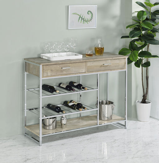 Melrose 2-shelf Wine Cabinet with 2 Drawers Gray Washed Oak and Chrome - Theo's Factory Direct Mattress & Furniture (Columbus, OH)