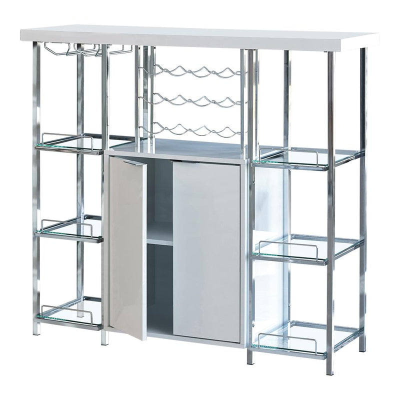 Gallimore 2-door Bar Cabinet with Glass Shelf High Glossy White and Chrome - Theo's Factory Direct Mattress & Furniture (Columbus, OH)