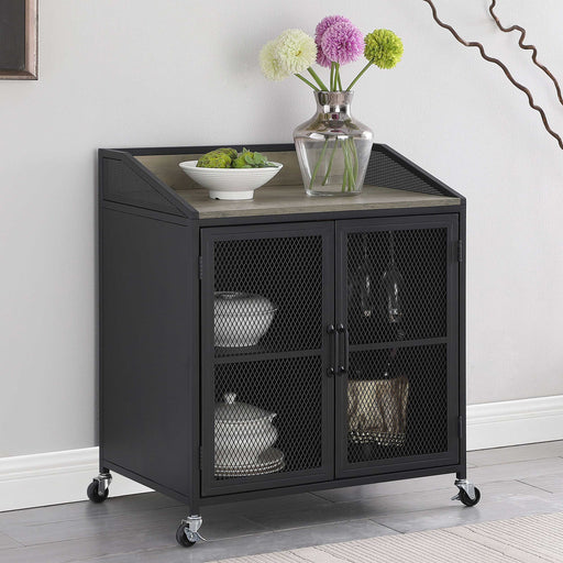 Arlette Wine Cabinet with Wire Mesh Doors Grey Wash and Sandy Black - Theo's Factory Direct Mattress & Furniture (Columbus, OH)