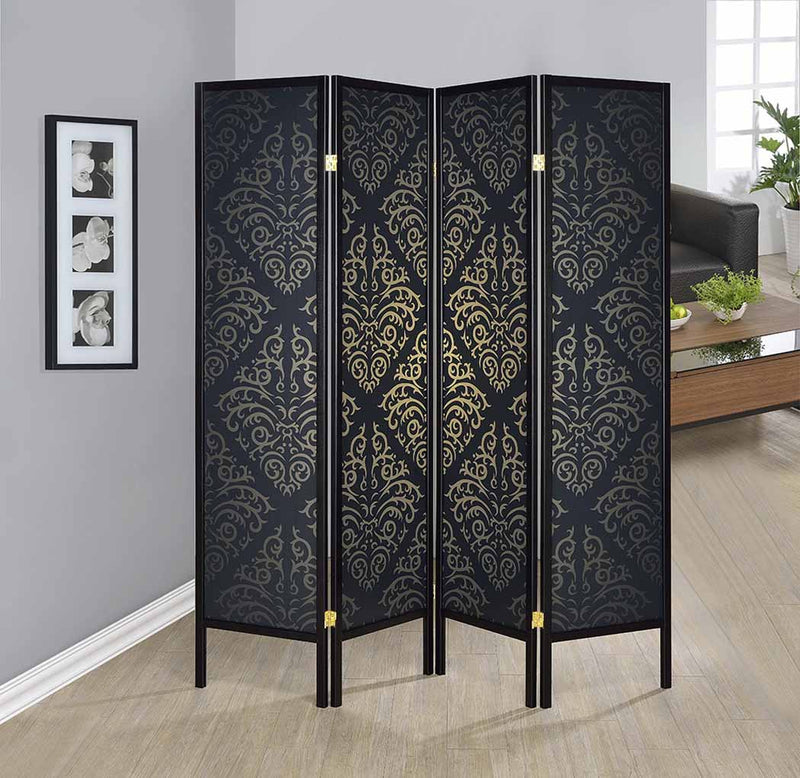 Haidera 4-panel Damask Pattern Folding Screen Black - Theo's Factory Direct Mattress & Furniture (Columbus, OH)