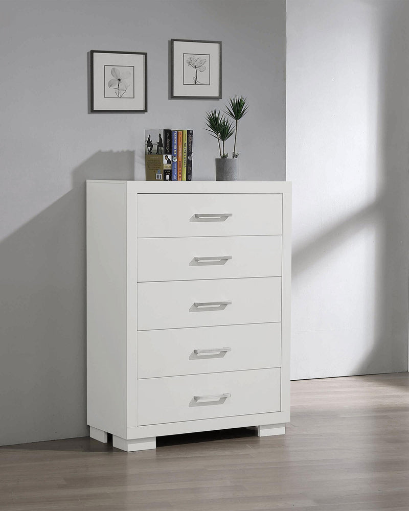 Jessica 5-drawer Chest White - Theo's Factory Direct Mattress & Furniture (Columbus, OH)