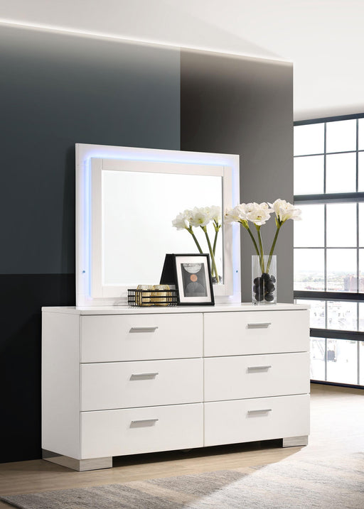 Felicity 6-drawer Dresser with LED Mirror White High Gloss - Theo's Factory Direct Mattress & Furniture (Columbus, OH)