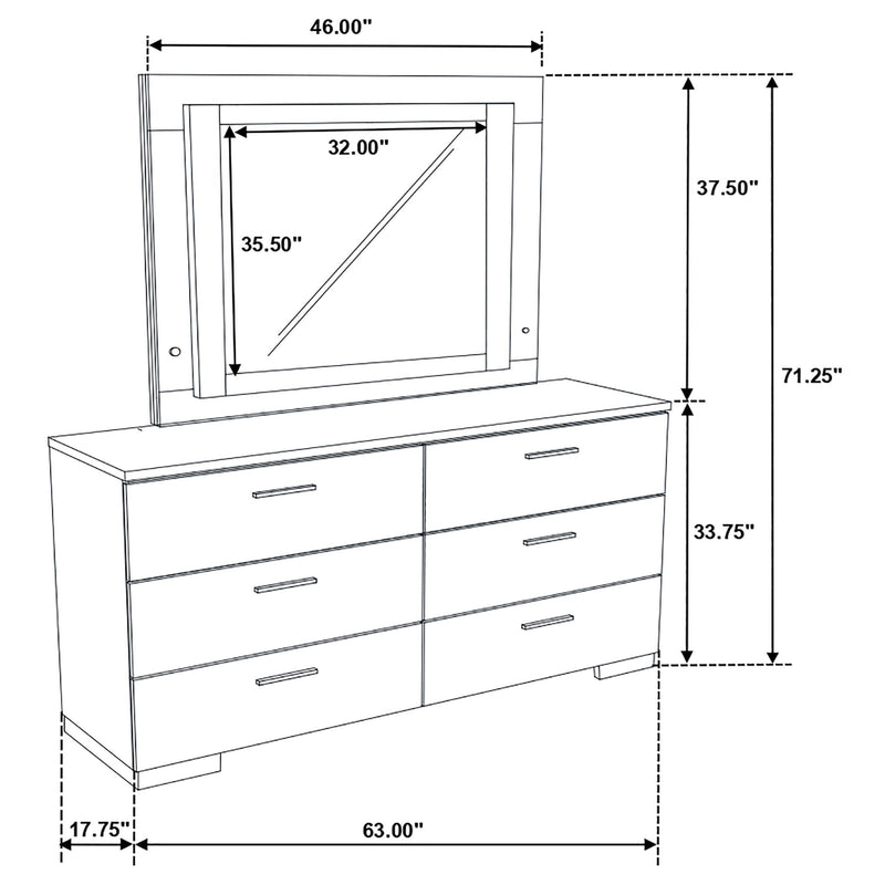 Felicity 6-drawer Dresser with LED Mirror White High Gloss - Theo's Factory Direct Mattress & Furniture (Columbus, OH)