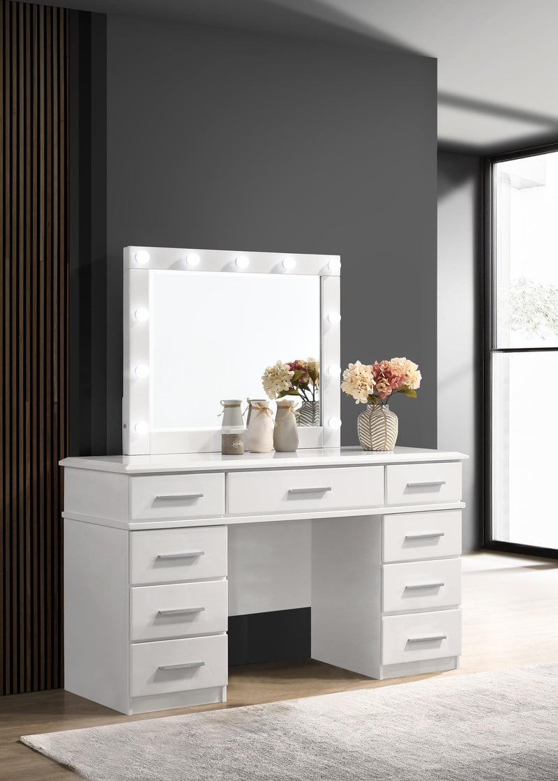 Felicity 9-drawer Vanity Desk with Lighted Mirror Glossy White - Theo's Factory Direct Mattress & Furniture (Columbus, OH)