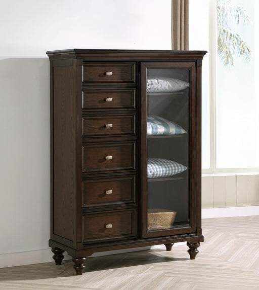 Andover 6-drawer Tempered Glass Door Chest Dark Oak - Theo's Factory Direct Mattress & Furniture (Columbus, OH)
