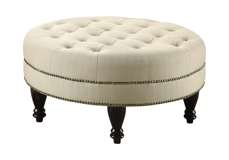 Elchin Round Upholstered Tufted Ottoman Oatmeal - Theo's Factory Direct Mattress & Furniture (Columbus, OH)