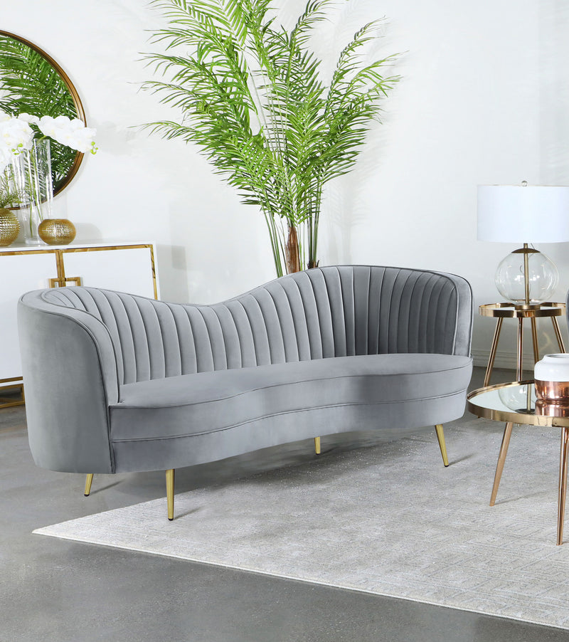 Sophia Upholstered Loveseat with Camel Back Grey and Gold - Theo's Factory Direct Mattress & Furniture (Columbus, OH)