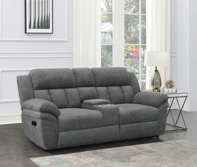 Bahrain Upholstered Motion Loveseat with Console Charcoal - Theo's Factory Direct Mattress & Furniture (Columbus, OH)