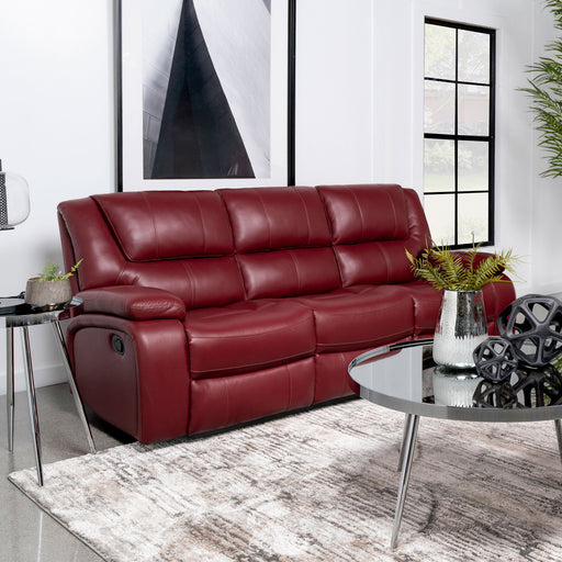 Camila Upholstered Motion Reclining Sofa Red Faux Leather - Theo's Factory Direct Mattress & Furniture (Columbus, OH)