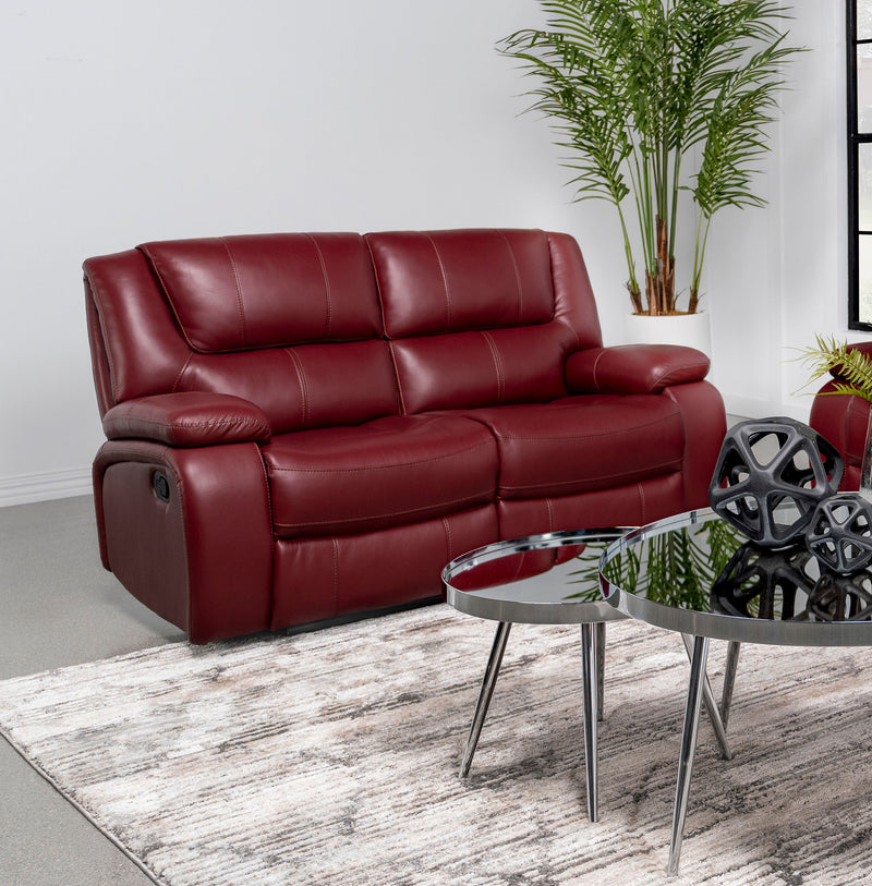 Camila Upholstered Motion Reclining Loveseat Red Faux Leather - Theo's Factory Direct Mattress & Furniture (Columbus, OH)