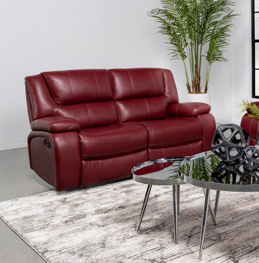 Camila Upholstered Motion Reclining Loveseat Red Faux Leather - Theo's Factory Direct Mattress & Furniture (Columbus, OH)