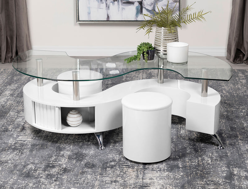 Buckley Curved Glass Top Coffee Table With Stools White High Gloss - Theo's Factory Direct Mattress & Furniture (Columbus, OH)