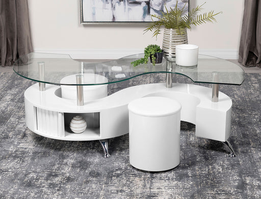Buckley Curved Glass Top Coffee Table With Stools White High Gloss - Theo's Factory Direct Mattress & Furniture (Columbus, OH)