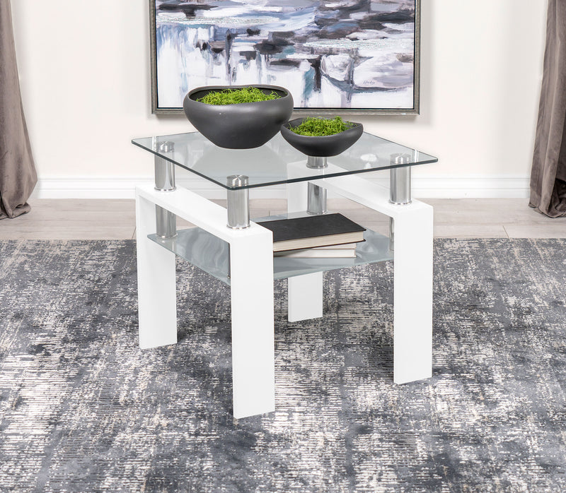 Dyer Square Glass Top End Table With Shelf White - Theo's Factory Direct Mattress & Furniture (Columbus, OH)