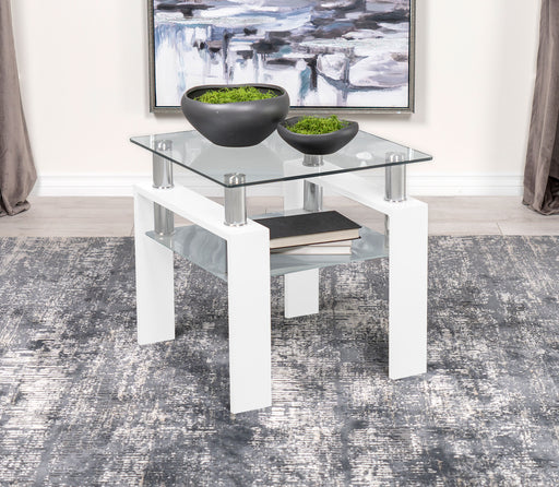 Dyer Square Glass Top End Table With Shelf White - Theo's Factory Direct Mattress & Furniture (Columbus, OH)
