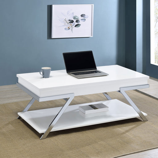 Marcia Wood Rectangular Lift Top Coffee Table White High Gloss and Chrome - Theo's Factory Direct Mattress & Furniture (Columbus, OH)