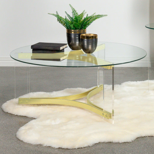 Janessa Round Glass Top Coffee Table With Acrylic Legs Clear and Matte Brass - Theo's Factory Direct Mattress & Furniture (Columbus, OH)