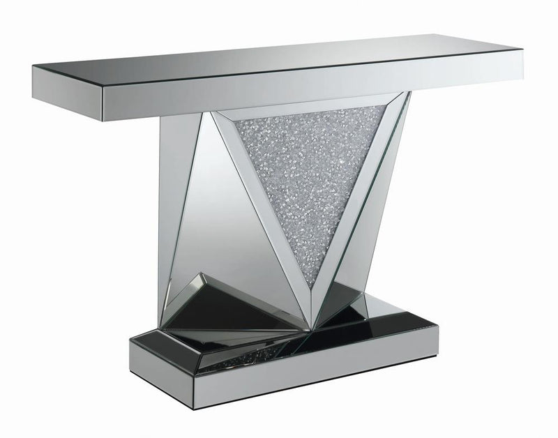Amore Rectangular Sofa Table with Triangle Detailing Silver and Clear Mirror - Theo's Factory Direct Mattress & Furniture (Columbus, OH)