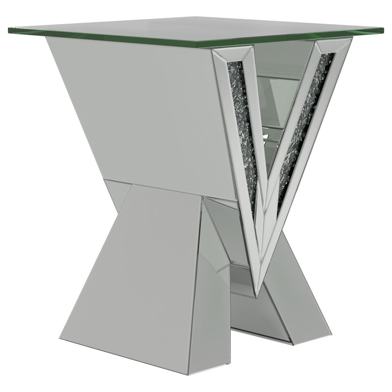 Taffeta V-shaped End Table with Glass Top Silver - Theo's Factory Direct Mattress & Furniture (Columbus, OH)