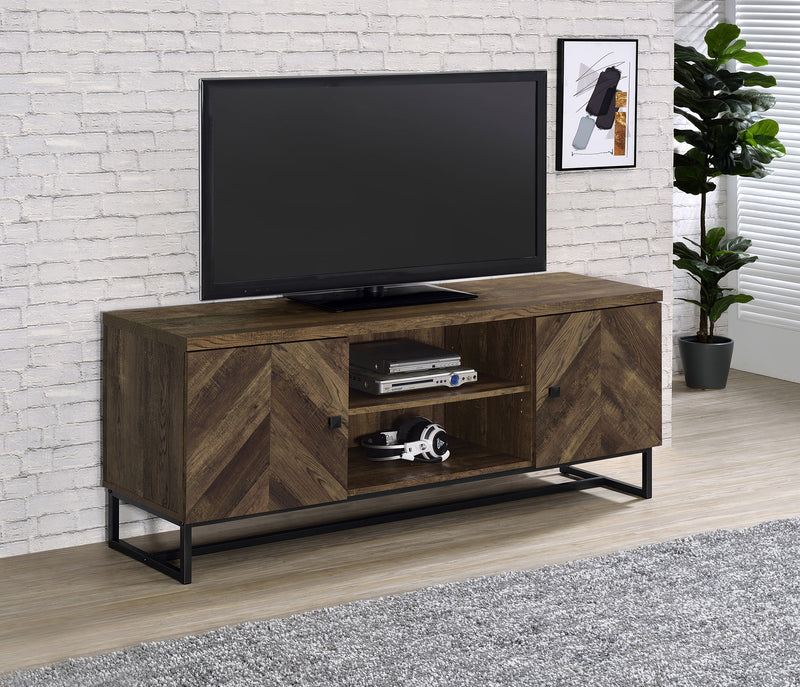 Myles 2-door TV Console with Adjustable Shelves Rustic Oak Herringbone - Theo's Factory Direct Mattress & Furniture (Columbus, OH)