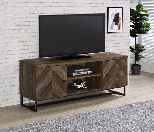 Myles 2-door TV Console with Adjustable Shelves Rustic Oak Herringbone - Theo's Factory Direct Mattress & Furniture (Columbus, OH)