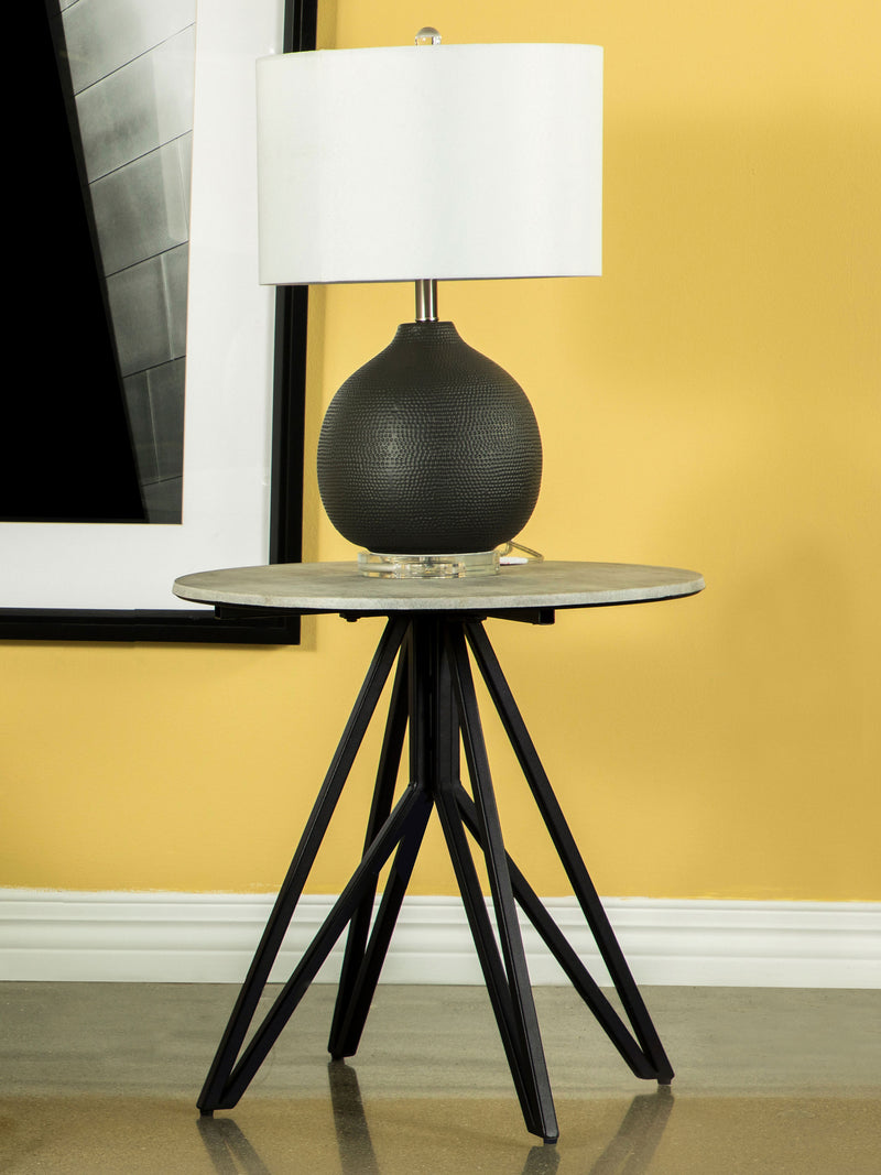 Hadi Round End Table with Hairpin Legs Cement and Gunmetal - Theo's Factory Direct Mattress & Furniture (Columbus, OH)