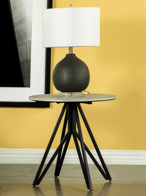 Hadi Round End Table with Hairpin Legs Cement and Gunmetal - Theo's Factory Direct Mattress & Furniture (Columbus, OH)