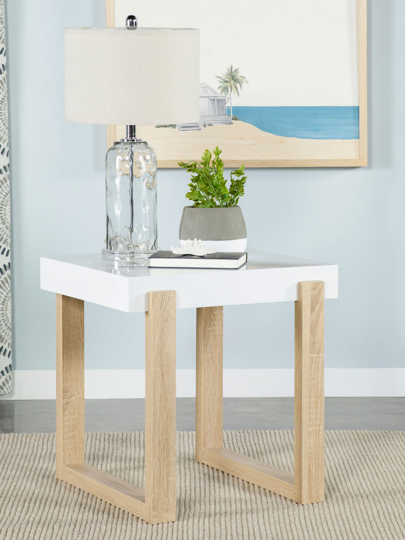 Pala Rectangular End Table with Sled Base White High Gloss and Natural - Theo's Factory Direct Mattress & Furniture (Columbus, OH)