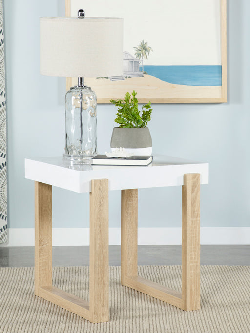 Pala Rectangular End Table with Sled Base White High Gloss and Natural - Theo's Factory Direct Mattress & Furniture (Columbus, OH)