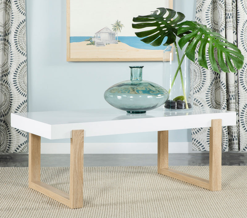 Pala Rectangular Coffee Table with Sled Base White High Gloss and Natural - Theo's Factory Direct Mattress & Furniture (Columbus, OH)