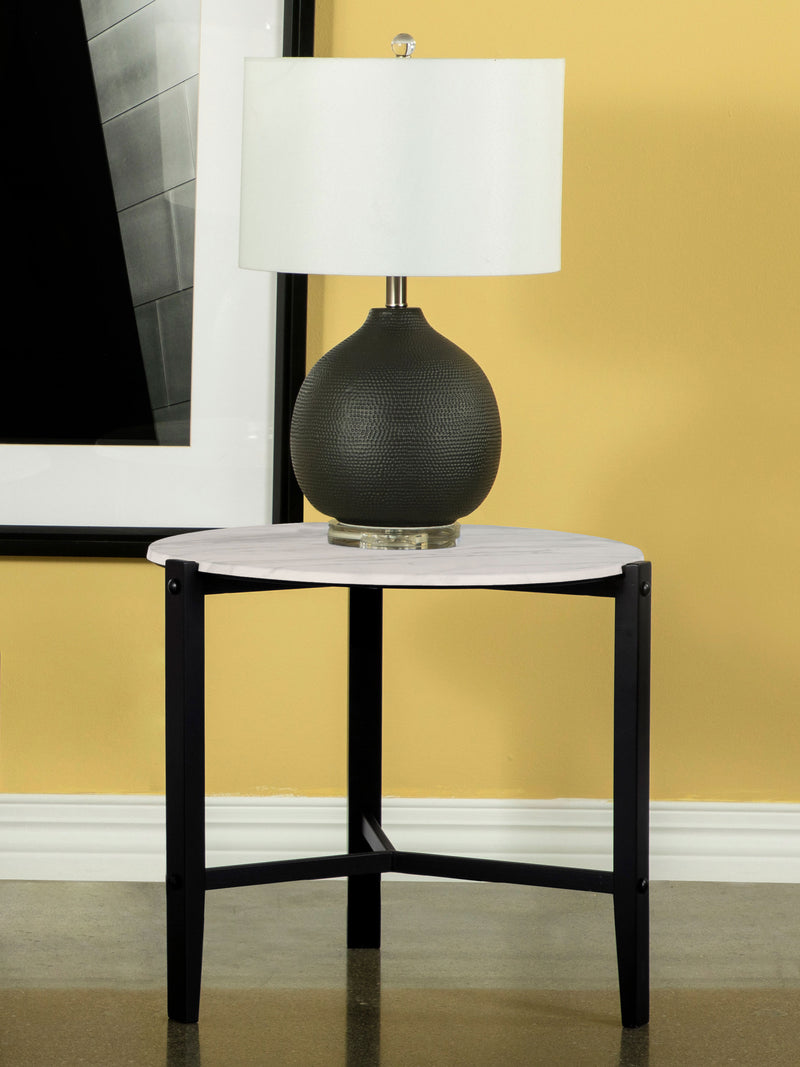 Tandi Round End Table Faux White Marble and Black - Theo's Factory Direct Mattress & Furniture (Columbus, OH)