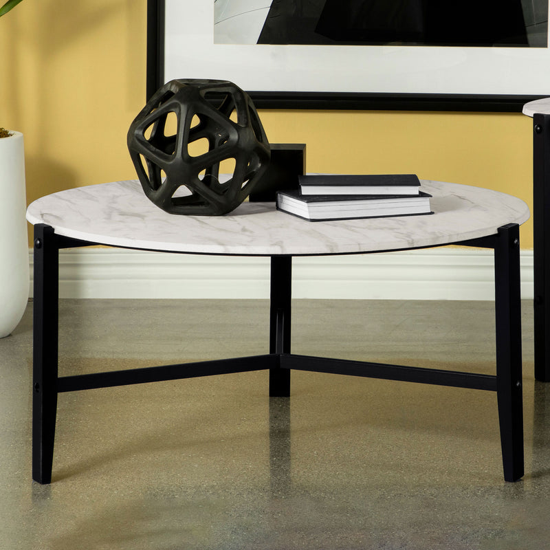 Tandi Round Coffee Table Faux White Marble and Black - Theo's Factory Direct Mattress & Furniture (Columbus, OH)