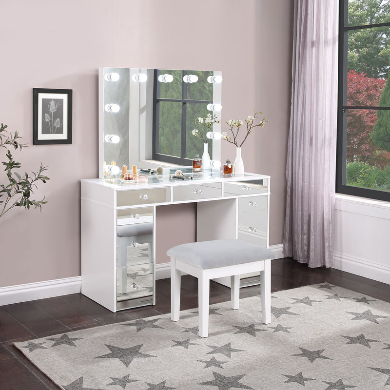 Regina 3-piece Makeup Vanity Table Set Hollywood Lighting White and Mirror - Theo's Factory Direct Mattress & Furniture (Columbus, OH)