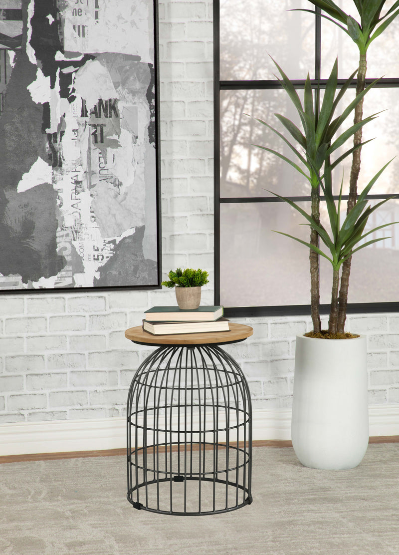 Bernardo Round Accent Table with Bird Cage Base Natural and Gunmetal - Theo's Factory Direct Mattress & Furniture (Columbus, OH)