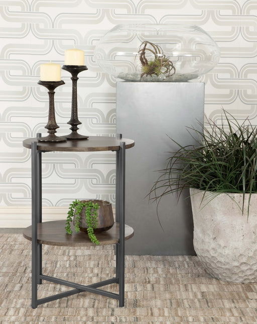 Axel Round Accent Table with Open Shelf Natural and Gunmetal - Theo's Factory Direct Mattress & Furniture (Columbus, OH)