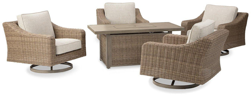 Beachcroft Beachcroft Fire Pit Table with Four Nuvella Swivel Lounge Chairs - Theo's Factory Direct Mattress & Furniture (Columbus, OH)