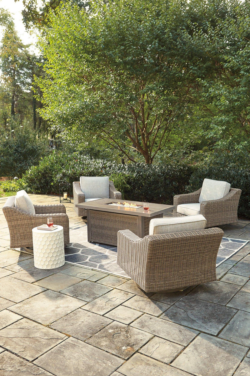 Beachcroft Beachcroft Fire Pit Table with Four Nuvella Swivel Lounge Chairs - Theo's Factory Direct Mattress & Furniture (Columbus, OH)