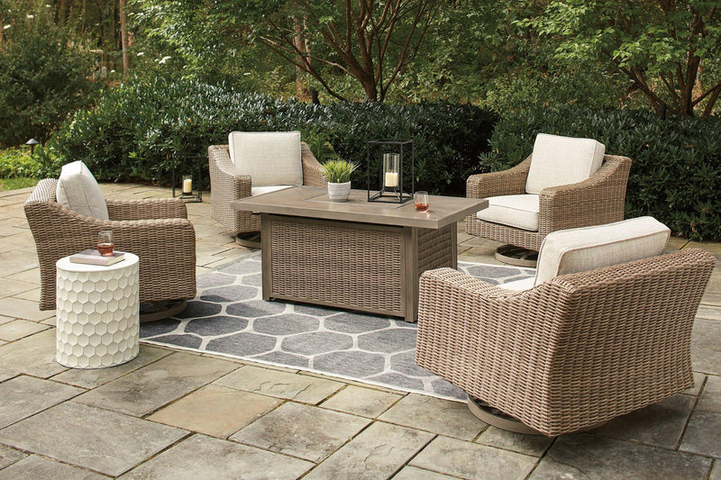 Beachcroft Beachcroft Fire Pit Table with Four Nuvella Swivel Lounge Chairs - Theo's Factory Direct Mattress & Furniture (Columbus, OH)