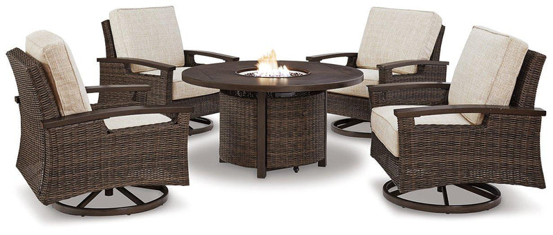 Paradise Trail Paradise Trail Fire Pit Table with 4 Nuvella Swivel Lounge Chairs - Theo's Factory Direct Mattress & Furniture (Columbus, OH)