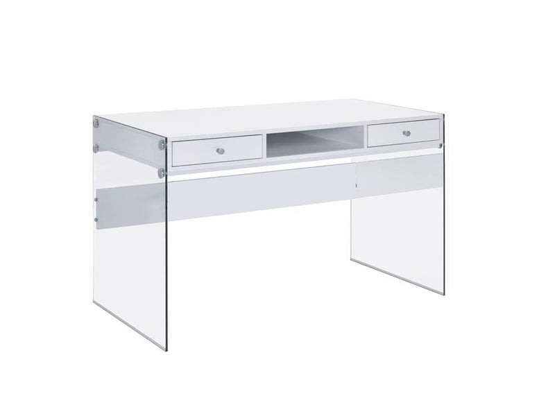 Dobrev 2-drawer Writing Desk Glossy White and Clear - Theo's Factory Direct Mattress & Furniture (Columbus, OH)