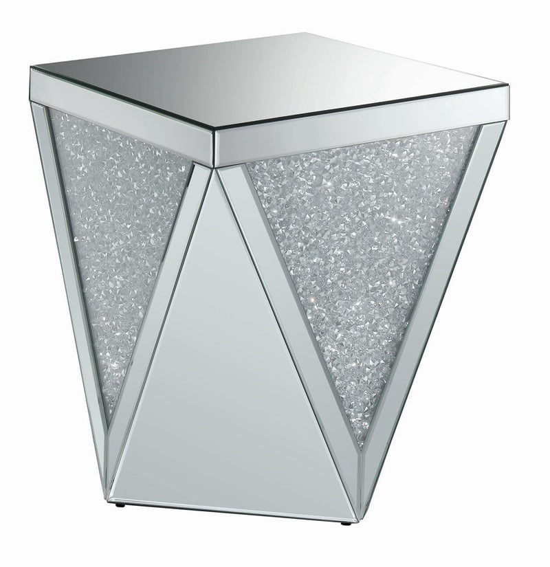 Amore Square End Table with Triangle Detailing Silver and Clear Mirror - Theo's Factory Direct Mattress & Furniture (Columbus, OH)