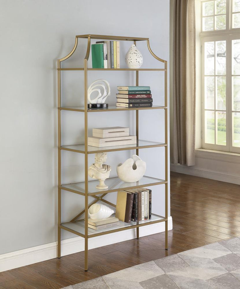 Serena 5-tier Tempered Glass Shelves Bookcase Matte Gold - Theo's Factory Direct Mattress & Furniture (Columbus, OH)