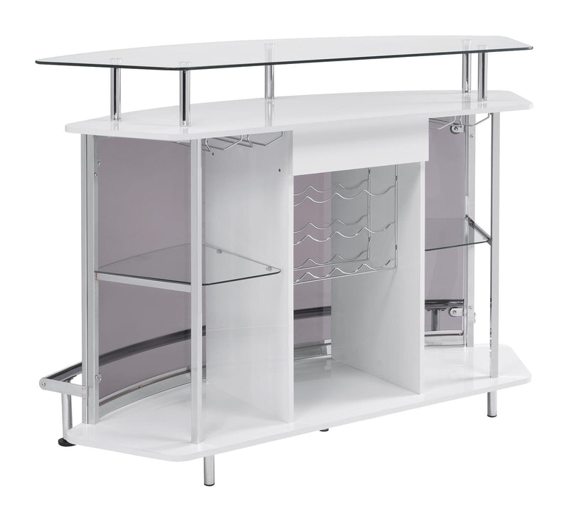 Gideon Crescent Shaped Glass Top Bar Unit with Drawer - Theo's Factory Direct Mattress & Furniture (Columbus, OH)