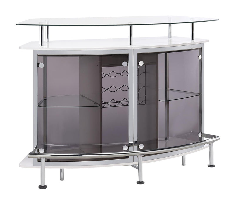 Gideon Crescent Shaped Glass Top Bar Unit with Drawer - Theo's Factory Direct Mattress & Furniture (Columbus, OH)