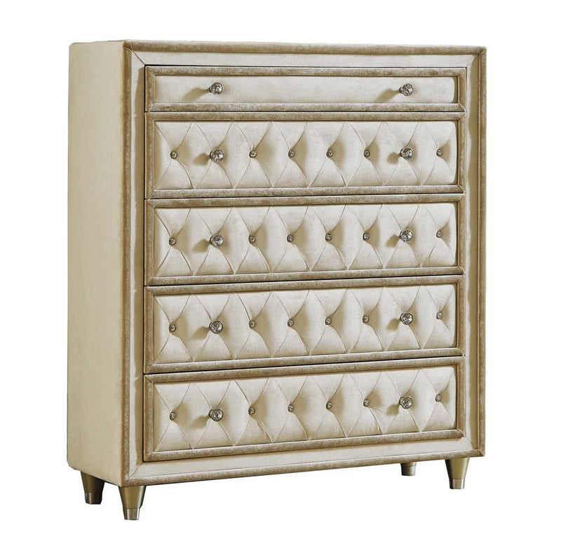 Antonella 5-drawer Upholstered Chest Ivory and Camel - Theo's Factory Direct Mattress & Furniture (Columbus, OH)