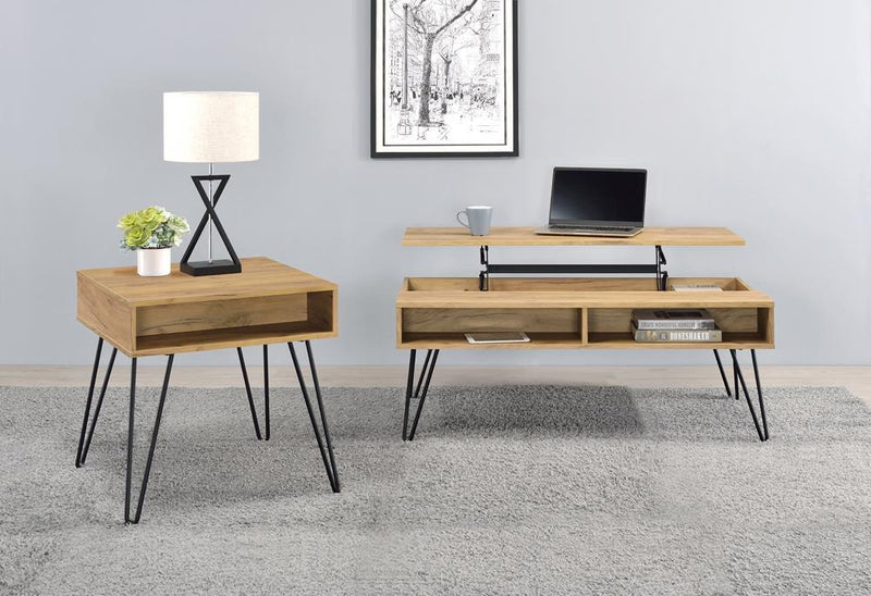 Fanning Square End Table with Open Compartment Golden Oak and Black - Theo's Factory Direct Mattress & Furniture (Columbus, OH)